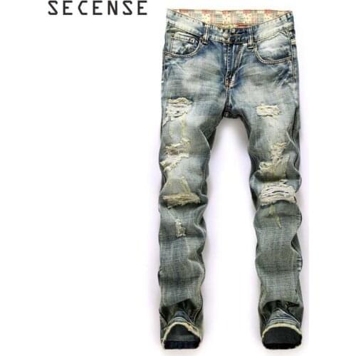 Men Trousers Ripped Street HIP HOP Punk Stretch Biker Jeans Trendy Holes Straight Denim Trousers 2021 Fashion SECENSE