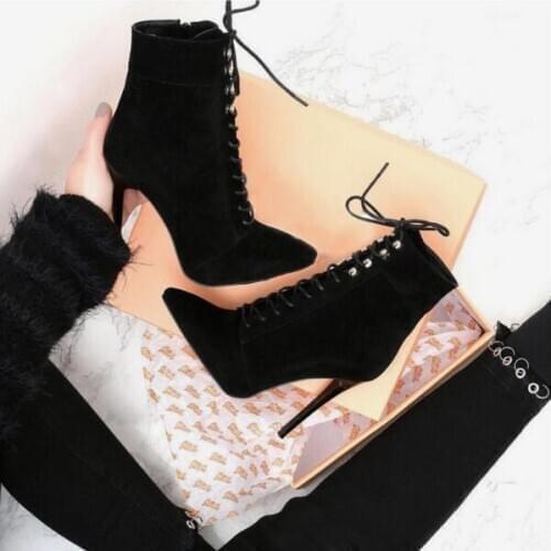 New Black Suede Leather Pointed Toe Lace Up Women High Heel Boots Autumn Winter Black Ankle Boots Shoes Women