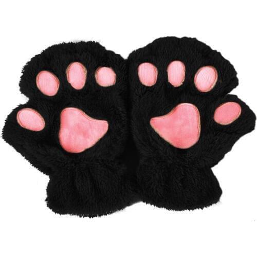 Winter Women Cute Cat Paw Claw Plush Mittens Short Fingerless Finger Half Gloves
