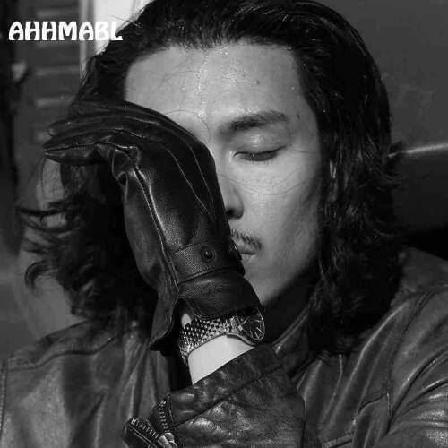 Winter Men Genuine Leather Gloves Touch Screen High Quality Solid Black Real Sheepskin Driving Glove Button Fashion G588