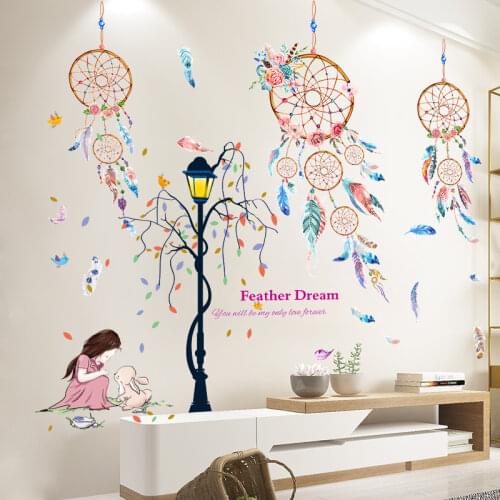[shijuekongjian] Dreamcatcher Feathers Wall Sticker DIY Street Light Girl Mural Decals for Kids Room Baby Bedroom Decoration