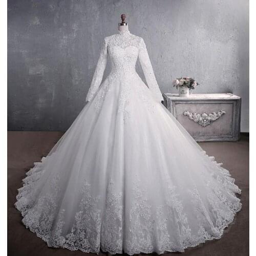 Luxurious Lace Wedding Dress Long Sleeve Halter A-line Bride Dress Appliques Court Train Lace Up Bridal Gowns Vestido De Noiva