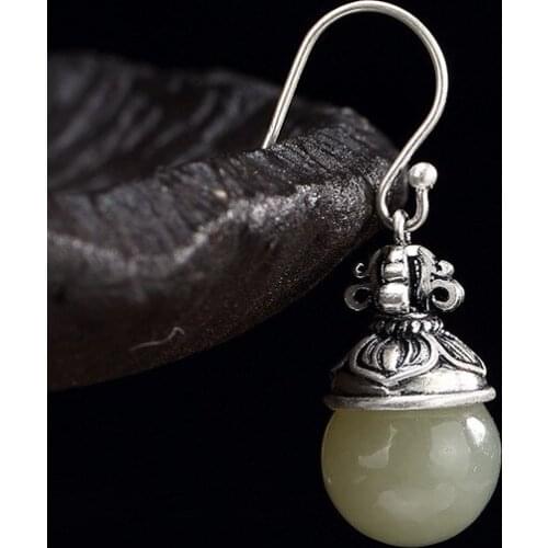 Silver S925 Pure Silver Antique Inlaid Natural Hetian Jade White Jade Bead Lady High-end Earrings Earrings Wholesale
