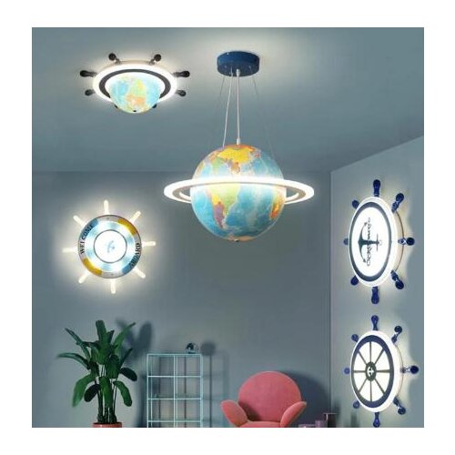 Modern Led Childrens Room Lamp Creative Globe, Ship Rudder Ceiling Lamp, Remote Control Dimming Boy and Girl Bedroom Chandelier