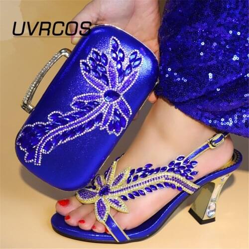Decorated with Rhinestone The Blue Color 2021 Flexible Shoes with Matching Bags Set Sales In Women Matching High Heels Slippers