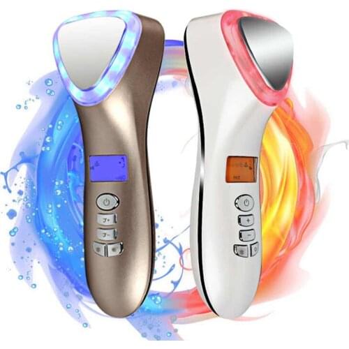 LED Hot Cold Face Skin Care Device Massager Hammer Ultrasonic Cryotherapy Facial Vibration Red Blue Light Ion Beauty Instrument