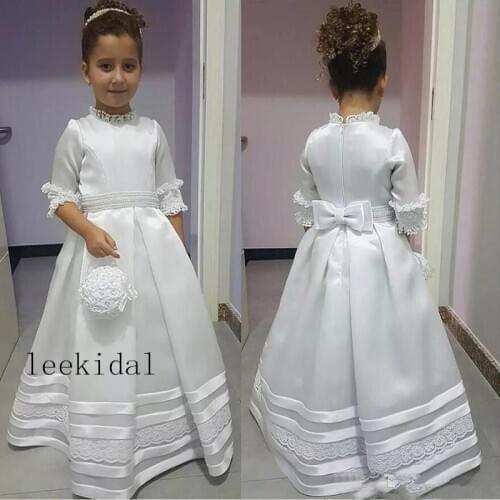 Vintage White A Line Satin Flower Girls Dresses Simple Half Sleeve Lace Appliques First Holy Communion Dress With Bow