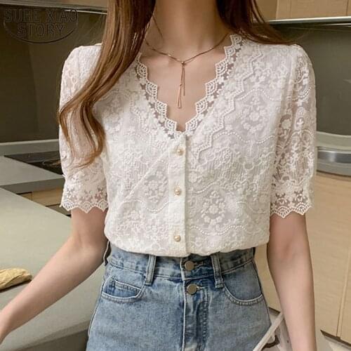 2021 Summer V-neck Lace Women Shirts Short-sleeved Lace Hollow Out Top Single Breasted Clothing Women Tops and Blouse 13985