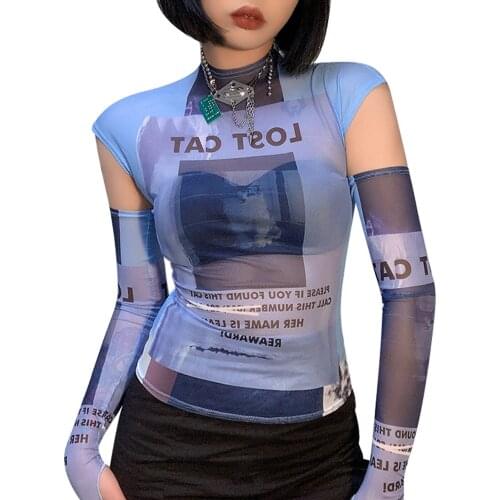 Womens Sexy Crop Tank Tops, Letter Graphic Print Sheer Mesh Camisole with Arm Sleeves