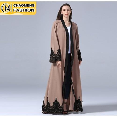 Middle East Fashion Ramadan Patchwork Lace Long Cardigan Muslim For Women Dubai Abaya Maxi Robe Kimono Turkish Islamic Clothing