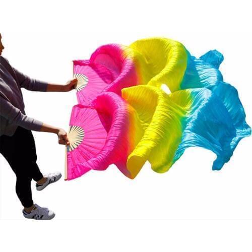 High Quality 100% Chinese Silk Belly Dancing Fans 1 Pair Left+Right Handmade Dyed Silk Belly Dance Fans Rose+Yellow+Turquoise