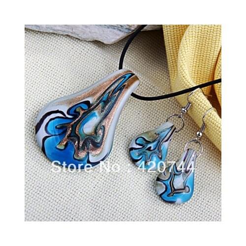 12 sets/Lot Blue Leaf Glass Murano Pendant Necklace Earrings Set CHIC