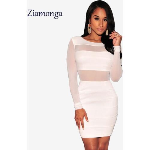 2017 New Fashion White Mesh Inserts Long Sleeve Bodycon Dress Robe Femme Winter Women Party Sexy Dress Vestidos C1453