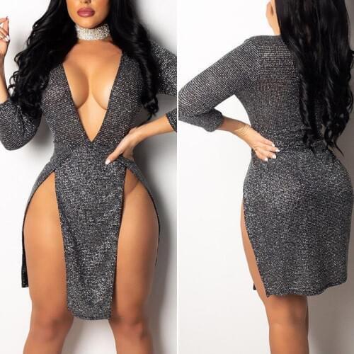 2019 Fashion Sexy Women High Slit Deep V Neck Long Sleeve Sequin Bandage Bodycon Mini Dress Party Gown Clubwear vestidos