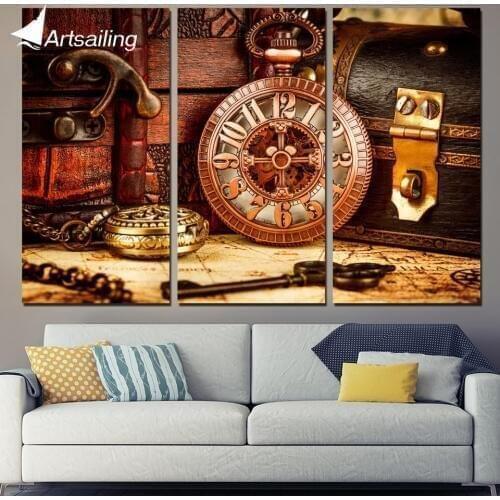 3 Panels Canvas Art Vintage Watch Box Key Home Decor Wall Art Painting Canvas Prints Pictures for Living Room Poster XA1130C