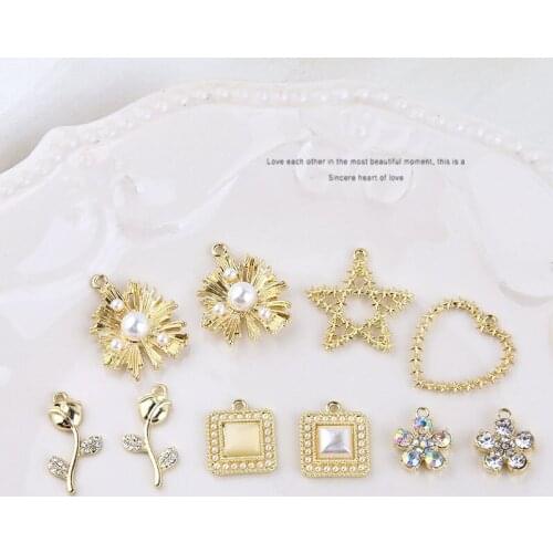 6pcs Pearl Rhinestones Rose Flower Pendant For Women&Girl Square Hollow Love star elegant Earrings DIY Jewelry Earring Material