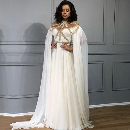 White and Gold Evening Dresses High Neck Beaded A-Line Arabic Dubai Long Cape Chiffon Middle East Women Prom Dresses Party 2020