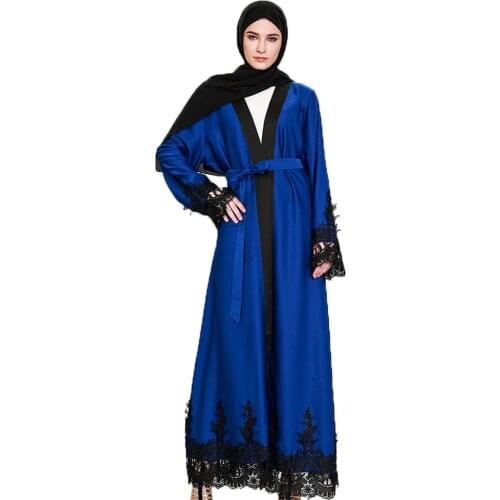 BianFeng Womens Elegant Muslim Fashion Lace Stitching Abaya Loose Fit Cardigan Long Sleeve Robe Dress Color Blue