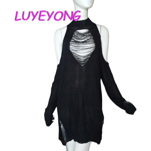 Black Gothic Long Sweaters Women Punk Hollow Out Off Shoulder Thin Hole Pullover Jumpers Sexy Sweater Slit Top Cool Broken Knit