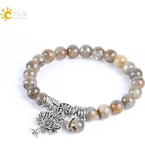 CSJA Natural Labradorite Spectrolite Men Bracelets Bangles Gem Stone Mala Beads Tree of Life Charm Reiki Healing Meditation E742
