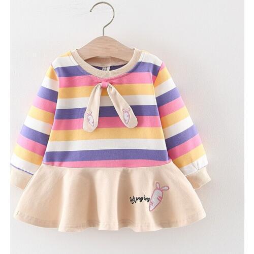 Baby Girls Dress Autumn Winter Cotton Long Sleeved Princess Dress Toddler Rainbow Striped Carrot Dress Children Bow Dress