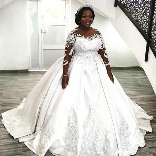 Dubai Arabic Plus Size Satin Ball Gown Wedding Dresses 2023 Elegant Lace Beaded Bridal Sheer Long Sleeves Court Train Vestidos