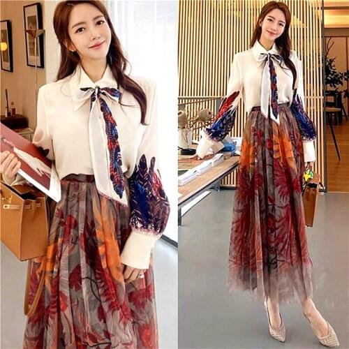 Elegance Ladies Two Piece Set High Quality New Summer Clothes For Women Chic Bow Print Shirt Women Blouses Printed Skirt SL339