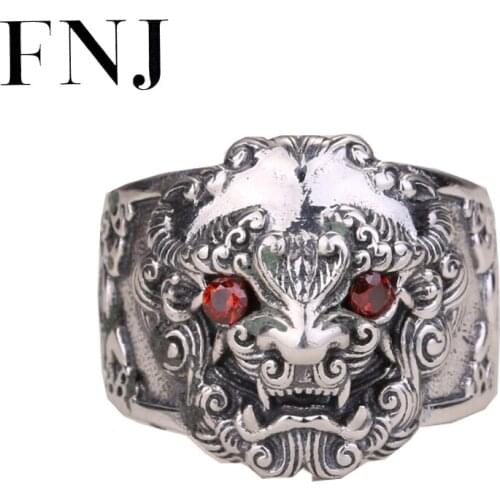 FNJ Vintage Pixiu Ring 925 Silver Adjustable Size 100% Original Real S925 Solid Silver Rings for Women Jewelry Red Zircon Eye