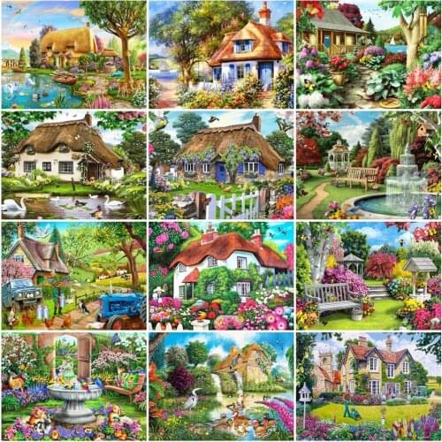 HUACAN Full Drill Diamond Art Painting House Diamond Embroidery Flowers Mosaic Landscape Wall Decoration Home Art