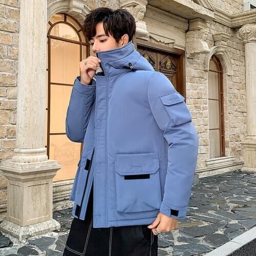 Solid Color Loose Thick Hooded Cotton Coat Jacket Autumn Winter Mens Tooling Style Handsome Jacket Fashion Warm Male Coat