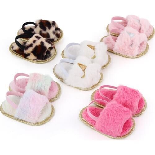 Fashion Kids Girls Boys Fur Sandals Shoes Tie-Dye Leopard Printed Flat With Soft Shoes 5 Colors