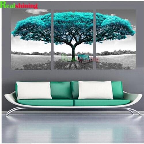 3 Pieces Blue Big Tree Diy Diamond Painting Set Triptych Diamond Embroidery Mosaic Chair Full Square Round Drill N2104