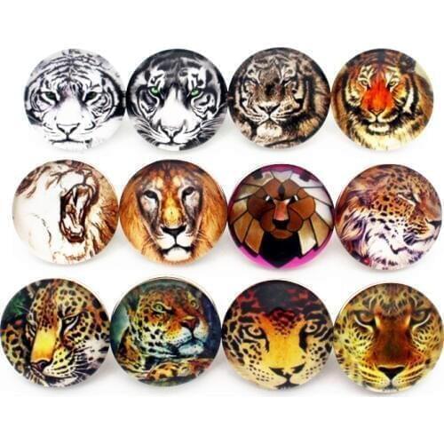 New Style 12pcs/lot Tige Lion leopard Animal Glass Snap Buttons Charms Fit 18mm/20mm Snap Necklace Bracelet DIY Jewelry