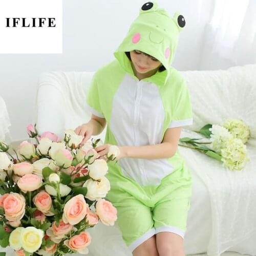 Frog Kigurumi Onesie Adult Women Animal Pajamas Short Sleeve Cotton Sleepwear Onepiece Summer Pijama Cosplay