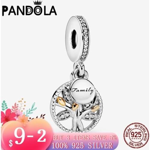 SALE 925 Sterling Silver Sparkling Family Tree Dangle Charms Beads Fit Original Pandora Bracelet Pendant Necklace Jewelry