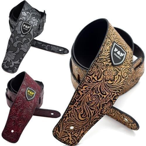 Adjustable PU Leather Embossed Guitar Strap Belt Musical Instrument Accessories for Acoustic Folk Electric Guitar Bass