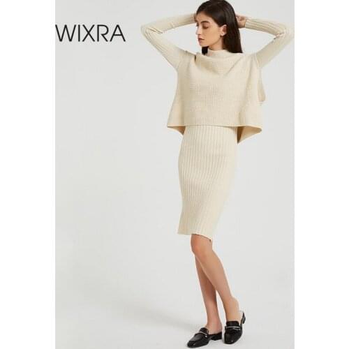Wixra Loose Sleeveless Sweater + Knitted Dress Sets Elegant Long Sleeve Knee-Length Bodycon Two Pieces Suits Autumn Spring