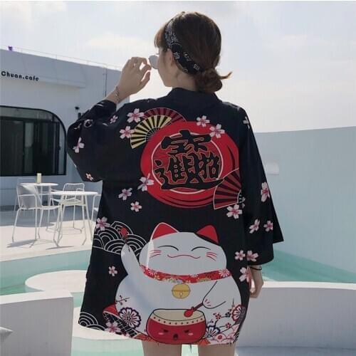 Japanese Kimono For Girls Boho Long Shirt Female Tunic Sunscreen Cardigan Traditional Japanese black Clothes Yukata Haori white