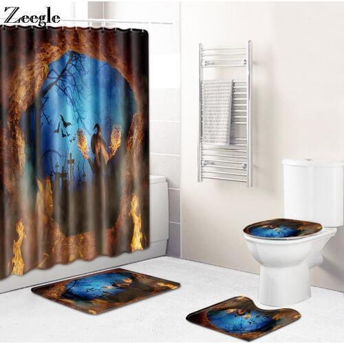 Zeegle 4pcs Bath Mat Set Anti Slip Toilet Pedestal Rug Foot Mat Ployester Toilet Seat Cover Mat Waterproof Curtain Toilet Set