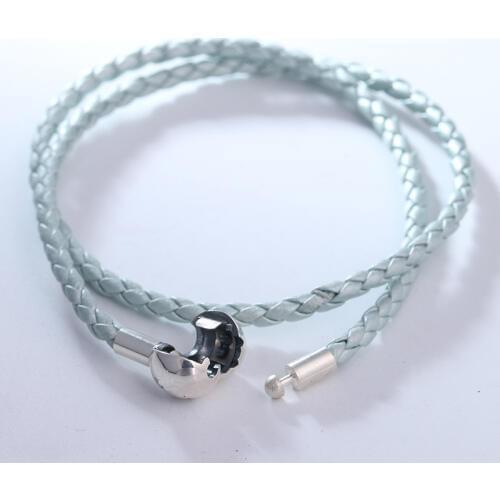 Pearl light blue Double Leather Bracelet Fits sterling silver Original Charms & Beads For Woman DIY Jewelry Making