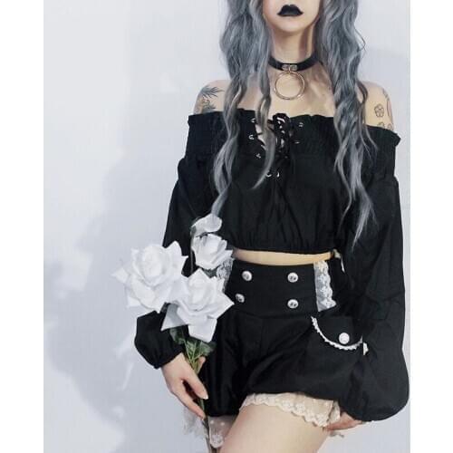 Hot sale in Europe and the United States of the dark style imperial sister shoulder sexy strap short long sleeve t-shirt top wom