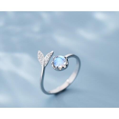 MloveAcc 100% Real 925 Sterling Silver Mermaid Tail Foam Design Rings Blue Opal CZ Adjustment Rings for Women Jewelry Gift