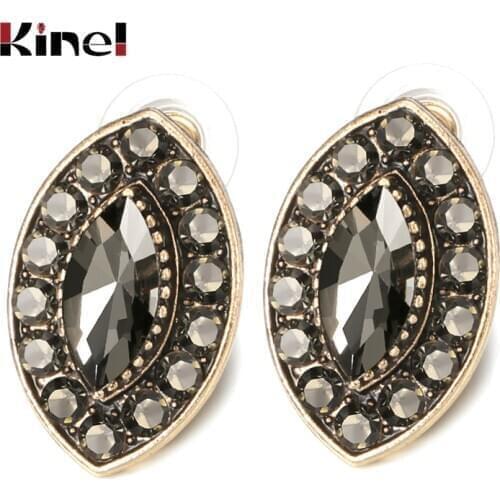 Kinel 2020 New Boho Gray Crystal Flower Big Stud Earrings For Women Antique Gold Vintage Wedding Fashion Turkish Jewelry