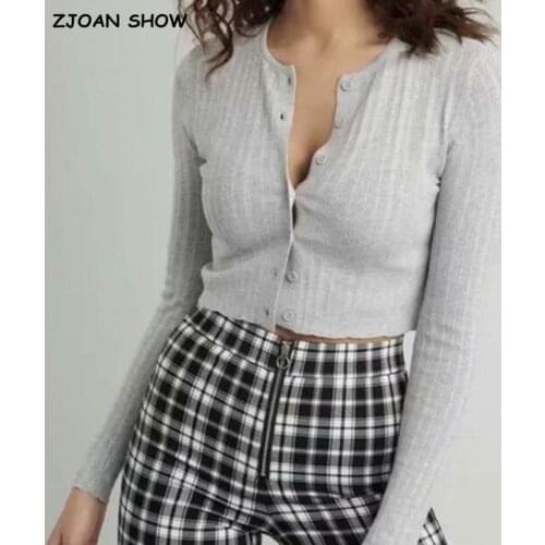 2021 Vintage O Neck Fine Knitted Cropped Cardigan Single-breasted Buttons Sweater Woman Long Sleeve Jumper Retro Knitwear