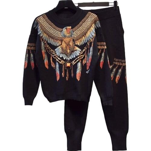 Fashion Knitted Suit Women Outfits Handwork Beading Eagle Print Sweater Pencil Pants Two Piece Set Female Loose Casual Knit 2pc