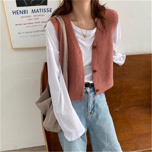 Vest Waistcoats Women Knitting Korean Style V-neck Single-breasted Chic New Stylish Sleeveless Crop Top Womens Solid Basic Tops