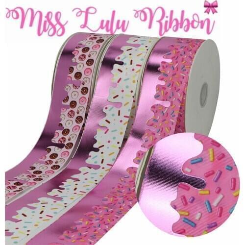 3"75mm Pink Foil Colorful Candy Doughnut Printed Grosgrain Ribbon DIY Birthday Party Decor Hair Bowknots 50yards/roll