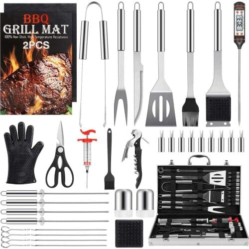 34 pcs Family Barbecue Portable Aluminum Box Tool Set 14-inch Stainless Steel 34-piece Grill Combo with Thermometer