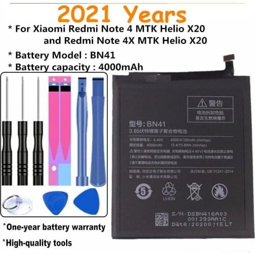 2021 Years High Capacity 4000mAh BN41 Battery For Xiaomi Redmi Note 4 / 4X MTK Helio X20 Phone Battery + Tools