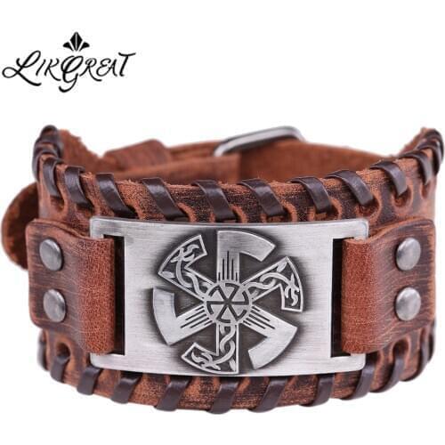 LIKGREAT Wicca Slavic Seal Charm Wristband Cuff Braceley Vintage Punk Jewelry Adjustable Wide Braid Leather Bracelets for Men